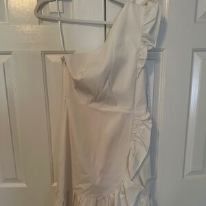 Jcrew white ruffle cocktail dress.